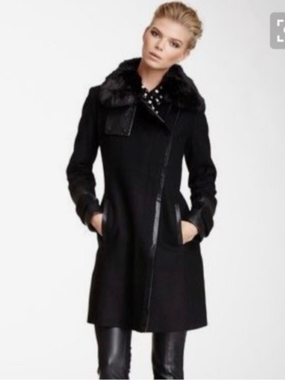 Via Spiga Black Wool-Blend Coat with Faux Fur Collar 14 - Picture 8 of 8